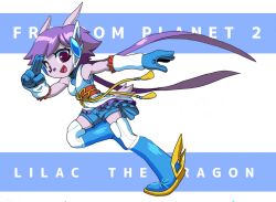 Rule 34 | 1girl, boots, breasts, dragon girl, dragon horns, dragon tail, freedom8, freedom planet, freedom planet 2, furry, galaxytrail, gloves, headgear, highres, horns, japanese clothes, long hair, looking at viewer, open mouth, purple eyes, purple hair, running, salute, sash lilac, simple background, smile, tail, text background, twintails, two-finger salute, unitard, very long hair