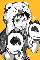 Rule 34 | 1boy, animal hands, animal hood, bags under eyes, bear hood, black hair, black shirt, blush, facial hair, flustered, gloves, hands up, highres, hood, jyukawa, looking at viewer, male focus, one piece, open mouth, partially colored, paw gloves, shirt, short hair, short sleeves, signature, simple background, solo, trafalgar law, yellow background, yellow eyes