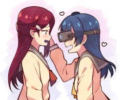 Rule 34 | 2girls, :d, bad id, bad pixiv id, blue hair, ceph (greatyazawa1819), commentary, fang, from side, hair bun, hair ornament, hairclip, half updo, head-mounted display, heart, long hair, long sleeves, looking at another, love live!, love live! sunshine!!, multiple girls, neckerchief, open mouth, playing with another&#039;s hair, red hair, red neckerchief, sakurauchi riko, school uniform, side bun, single side bun, smile, sweatdrop, tsushima yoshiko, upper body, uranohoshi school uniform, wavy mouth, yellow neckerchief, yuri
