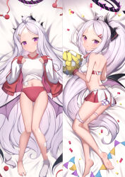 Rule 34 | 1girl, :o, ahoge, ass, bare shoulders, barefoot, bed sheet, black ribbon, blue archive, blush, breasts, buruma, cheerleader, closed mouth, clothes lift, commentary request, confetti, dakimakura (medium), grey hair, gym uniform, hair ornament, hair ribbon, hairclip, halo, hands up, head tilt, highres, hina (blue archive), horns, jacket, long hair, long sleeves, lying, medium breasts, millennium cheerleader outfit (blue archive), multiple views, navel, on back, on side, open clothes, open jacket, panties, parted bangs, parted lips, pleated skirt, pom pom (cheerleading), ponytail, puffy long sleeves, puffy sleeves, purple eyes, red buruma, red jacket, ribbon, shirt, shirt lift, single sock, skirt, sleeves past wrists, small breasts, socks, soles, striped clothes, striped panties, sweat, track jacket, underwear, uneg, very long hair, white shirt, white skirt, white socks