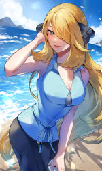 Rule 34 | 1girl, absurdres, black pants, blonde hair, blue shirt, breasts, cleavage, closed mouth, cloud, collared shirt, commentary request, creatures (company), cynthia (pokemon), day, eyelashes, game freak, grey eyes, hair ornament, hair over one eye, hand up, highres, holding, holding poke ball, long hair, medium breasts, nintendo, outdoors, pants, poke ball, pokemon, pokemon (anime), pokemon bw (anime), premier ball, sand, shirt, shore, sky, sleeveless, sleeveless shirt, smile, solo, standing, very long hair, water, wawatiku