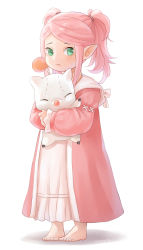 Rule 34 | 10s, 1girl, bad id, bad pixiv id, barefoot, dress, final fantasy, final fantasy xiv, full body, green eyes, highres, hug, lalafell, long hair, long sleeves, moogle, nanamo ul namo, pink hair, pointy ears, qi&#039;e (penguin), shadow, simple background, solo, stuffed animal, stuffed toy, twintails, white background