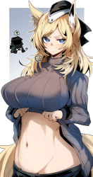 Rule 34 | !, !!, 1boy, 1girl, puff of air, animal ears, arknights, black headwear, blonde hair, blue eyes, blush, border, breasts, bright pupils, brown sweater, closed mouth, clothes lift, doctor (arknights), gin moku, gradient background, grey background, groin, hat, highres, horse ears, horse girl, horse tail, large breasts, long hair, long sleeves, looking at viewer, navel, ribbed sweater, solo focus, sweatdrop, sweater, sweater lift, tail, turtleneck, turtleneck sweater, upper body, v-shaped eyebrows, whislash (arknights), white border