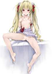 Rule 34 | 1girl, alternate hairstyle, bare shoulders, barefoot, blonde hair, blush, bottomless, censored, feet, flat chest, flower, green eyes, hair ornament, ishikei, konjiki no yami, long hair, long legs, nipples, no panties, petite, pussy, ribbon, rose, sitting, solo, spread legs, to love-ru, toes, twintails, undressing, very long hair
