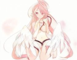 Rule 34 | 1girl, angel wings, breasts, cleavage, closed mouth, commentary request, spiked halo, feathered wings, halo, jibril (no game no life), kneeling, large breasts, long hair, low wings, magic circle, millipen (medium), navel, no game no life, nude, paintschainer, pink eyes, pink hair, potekite, smile, solo, tattoo, traditional media, very long hair, white wings, wing ears, wings
