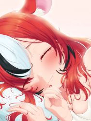 Rule 34 | 1girl, absurdres, animal ears, artist request, bad link, bare shoulders, blush, breasts, cleavage, closed eyes, collarbone, fluff, hakos baelz, highres, hololive, hololive english, lying, medium breasts, mouse ears, mouse girl, multicolored hair, on side, pillow, red hair, smile, virtual youtuber