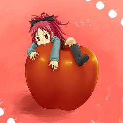Rule 34 | 10s, apple, bad id, bad pixiv id, boots, food, fruit, jewelry, knee boots, lurid, mahou shoujo madoka magica, mahou shoujo madoka magica (anime), oversized food, oversized object, red eyes, red hair, red theme, ring, sakura kyoko, solo