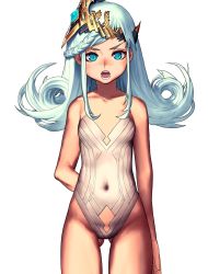Rule 34 | 1girl, arm behind back, bare shoulders, blue eyes, blue hair, braid, clothing cutout, collarbone, covered navel, cropped, gem, gluteal fold, highres, kim hyung tae, light blue hair, long hair, open mouth, original, simple background, solo, standing, teeth, tongue, virtual youtuber, white background