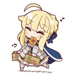 Rule 34 | 1girl, ahoge, armored skirt, artoria pendragon (all), artoria pendragon (fate), blonde hair, cape, chibi, doughnut, closed eyes, fate/stay night, fate (series), food, food in mouth, full body, gauntlets, highres, musical note, nuu (nu-nyu), pastry box, saber (fate), solo, walking