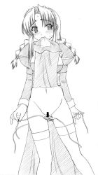 Rule 34 | 1girl, censored, clothes lift, greyscale, monochrome, panties, priest, priest (ragnarok online), priestess, ragnarok online, side-tie panties, skirt, skirt lift, solo, thighhighs, underwear, untied, untying