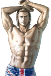 Rule 34 | 1boy, abs, armpits, arms up, blonde hair, boxing shorts, brown eyes, closed mouth, commentary request, looking at viewer, male focus, muscular, muscular male, navel, nipples, norapeko, topless male, short hair, shorts, simple background, solo, steve fox, tekken, union jack, upper body, white background