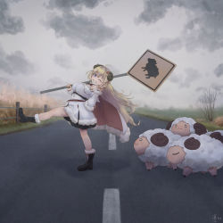 Rule 34 | 1girl, absurdres, ahoge, animal ears, black skirt, blonde hair, boots, cloud, cloudy sky, detached sleeves, dress, fur-trimmed boots, fur-trimmed dress, fur trim, hair ornament, hairclip, highres, hololive, horns, long hair, looking at viewer, miniskirt, mocomiliano, pleated skirt, road, sheep, sheep ears, sheep girl, sheep horns, sign, skirt, sky, sleeveless, sleeveless dress, smile, tsunomaki watame, tsunomaki watame (1st costume), virtual youtuber, white dress