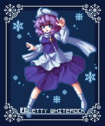 Rule 34 | 1girl, apron, blue background, blue eyes, character name, full body, greenapple (g apple0511), letty whiterock, long sleeves, looking at viewer, pixel art, polearm, purple hair, scarf, short hair, snowflakes, solo, standing, touhou, trident, waist apron, weapon, white apron, white footwear, white headwear, white scarf