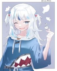 Rule 34 | 1girl, 4 26 princess, ;d, absurdres, arm up, artist name, blue background, blue eyes, blue hair, blue hoodie, fish background, gawr gura, hair ornament, hand up, heart, highres, hololive, hololive english, hood, hoodie, long hair, long sleeves, looking at viewer, multicolored hair, one eye closed, open mouth, shark hair ornament, sharp teeth, sidelocks, silver hair, simple background, smile, solo, standing, streaked hair, teeth, virtual youtuber