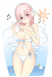 Rule 34 | 1girl, bad id, bad pixiv id, bikini, blush, breasts, cameltoe, digital media player, front-tie top, headphones, ipod, large breasts, looking at viewer, musical note, nekonyan (nekoworld), nitroplus, object in clothes, object in swimsuit, ocean, pink eyes, pink hair, side-tie bikini bottom, smile, solo, super sonico, swimsuit, thigh gap, white bikini