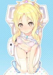 Rule 34 | 10s, 1girl, blonde hair, blush, bow, bra, breasts, brown eyes, closed mouth, clothes lift, drill hair, eromanga sensei, frill trim, frills, from above, hair bow, hand on own knee, jewelry, knees together feet apart, looking at viewer, looking up, navel, necklace, panties, pendant, pink bra, pink panties, ringlets, shirt lift, sidelocks, slippers, small breasts, solo, tatami to hinoki, thighhighs, toilet, twin drills, underwear, white thighhighs, yamada elf