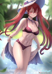 Rule 34 | 1girl, absurdres, artist name, bare legs, bare shoulders, black ribbon, blurry, blurry background, blush, bra, bracelet, breasts, cleavage, closed mouth, collarbone, day, depth of field, embarrassed, feet out of frame, fire emblem, fire emblem awakening, hat, highres, holding, jewelry, lingerie, long hair, medium breasts, navel, neck ribbon, nintendo, outdoors, panties, pond, purple bra, purple panties, red eyes, red hair, ribbon, severa (fire emblem), solo, standing, stomach, sun hat, thigh gap, toned, twintails, underwear, very long hair, vilde loh hocen, wading, water, white hat