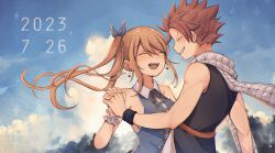 Rule 34 | 1boy, 1girl, :d, bare arms, black vest, blue bow, blue shirt, blue sky, bow, closed eyes, couple, dated, dress shirt, earrings, fairy tail, floating hair, grin, hair bow, heart, heart earrings, hetero, highres, holding hands, interlocked fingers, jewelry, light brown hair, long hair, lucy heartfilia, natsu dragneel, ooya (july 26), open mouth, red hair, scarf, shirt, short hair, side ponytail, sky, sleeveless, sleeveless shirt, smile, spiked hair, vest, white scarf, wrist cuffs