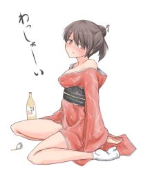 Rule 34 | 1girl, alcohol, blush, bottle, breasts, brown eyes, brown hair, gertrud barkhorn, hakusen-hiki, japanese clothes, off shoulder, sitting, solo, strike witches, world witches series