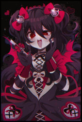 Rule 34 | 1girl, :d, absurdres, armband, bat wings, black hair, blush, bow, corset, demon horns, demon wings, dress, empty eyes, evil smile, frills, gloves, hair bow, hair ornament, half-closed eyes, hand on own cheek, hand on own face, headband, heart, heart hair ornament, highres, holding, holding syringe, holding weapon, horns, lace, long hair, looking at viewer, open mouth, original, patch, purple hair, red eyes, ribbon, sadf8353, saliva, short sleeves, short twintails, smile, solo, sparkle, stitched neck, stitches, sweat, nervous sweating, syringe, twintails, very long hair, weapon, wings