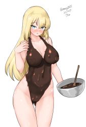 Rule 34 | 1girl, absurdres, bismarck (kancolle), blonde hair, blue eyes, bodypaint, bowl, breasts, brown one-piece swimsuit, chocolate, chocolate on body, cowboy shot, dated, food on body, highres, kantai collection, large breasts, looking at viewer, maru (marg0613), naked chocolate, nude, one-hour drawing challenge, one-piece swimsuit, painted clothes, simple background, solo, standing, swimsuit, twitter username, white background