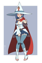 Rule 34 | 1girl, adapted costume, arikindows10, armpits, blue hair, blue thighhighs, boots, breasts, cape, cleavage, cosplay, detached sleeves, dress, full body, glasses, hat, high heel boots, high heels, highres, little witch academia, long hair, miniskirt, navel, pleated skirt, red cape, shiny chariot, skirt, skirt hold, solo, spoilers, standing, thighhighs, ursula callistis, watermark, white dress, white footwear, witch hat