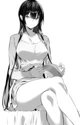 Rule 34 | 1girl, black hair, book, breasts, cardigan, crossed legs, greyscale, hiiragi yuuichi, holding, holding book, large breasts, long hair, looking at viewer, monochrome, original, parted lips, reading, simple background, sitting, solo, takamine takane, thighs, very long hair, white background