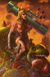 Rule 34 | 1girl, ? block, bare legs, blonde hair, blood, blue eyes, breasts, bullet bill, castle, cloud, crown, dash martin, dress, earrings, elbow gloves, fangs, flagpole, gloves, hammer, industrial pipe, jewelry, koopa, large breasts, lips, looking up, m1 bazooka, mario (series), nintendo, outdoors, pink dress, princess, princess peach, realistic, rocket launcher, sky, smile, super mario bros. 1, tongue, torn clothes, torn dress, turtle shell, weapon, yoshi