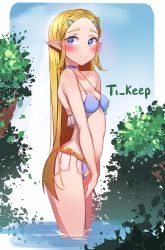 Rule 34 | 1girl, arched back, bare shoulders, bikini, blonde hair, blue bikini, blue eyes, blush, braid, breasts, choker, cleavage, closed mouth, collarbone, cowboy shot, crown braid, foliage, forehead, from side, gold, highres, long hair, looking at viewer, nintendo, outdoors, pointy ears, princess zelda, smile, solo, swimsuit, the legend of zelda, the legend of zelda: breath of the wild, ti keep, v arms, very long hair, wading
