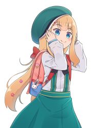 Rule 34 | 1girl, aoi id, backpack, bag, beret, blonde hair, blue eyes, blush, bow, closed mouth, green hat, green skirt, hair ornament, hairclip, hands up, hat, highres, long hair, long sleeves, millie adelaide, puffy long sleeves, puffy sleeves, randoseru, red bow, rutorifuki, shirt, skirt, sleeves past wrists, smile, solo, star (symbol), star hair ornament, suspender skirt, suspenders, very long hair, virtual youtuber, white shirt