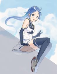 Rule 34 | 1girl, ass, blue eyes, blue gloves, blue hair, blue neckerchief, blue thighhighs, blush, breasts, cloud, cloudy sky, dated, elbow gloves, from below, full body, gloves, kangoku kou, kantai collection, long hair, looking at viewer, neckerchief, open mouth, outdoors, samidare (kancolle), school uniform, serafuku, shirt, shoes, simple background, sitting, sky, sleeveless, sleeveless shirt, small breasts, solo, thighhighs, twitter username, v, very long hair