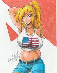 Rule 34 | 1girl, 2019, american flag top, arm up, armpits, artist name, bare arms, bare shoulders, belt, blonde hair, breasts, cleavage, closed mouth, collarbone, crop top, denim, denim shorts, female focus, green eyes, highres, large breasts, midriff, navel, nina (sanity not included), ponytail, ravernclouk design, sanity not included, shorts, sidelocks, simple background, solo, standing, tank top, traditional media, white tank top