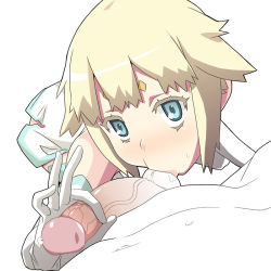 Rule 34 | 00s, 1girl, blonde hair, blue eyes, elbow gloves, element hunters, facial mark, forehead mark, gloves, juno (element hunters), oral, penis, short hair, solo focus, testicle sucking, uncensored, watarabe keiichi