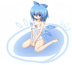 Rule 34 | 1girl, aokichi, bad id, bad pixiv id, bare shoulders, barefoot, blue eyes, blue hair, blush, bow, cirno, artistic error, female focus, full body, hair bow, ice, matching hair/eyes, see-through, short hair, sitting, solo, strap slip, tongue, touhou, wariza, wet, wet clothes, white background