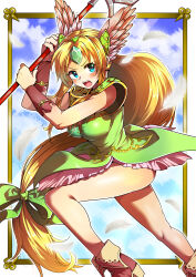 Rule 34 | 1girl, absurdres, armor, blonde hair, blue eyes, bow, breasts, cleavage, dress, eyelashes, feathers, forehead jewel, gem, green armor, green bow, green dress, green gemstone, hair bow, helmet, highres, holding, holding polearm, holding weapon, long hair, low-tied long hair, matomero, medium breasts, open mouth, polearm, riesz, seiken densetsu, seiken densetsu 3, shoulder armor, solo, teeth, upper teeth only, v-shaped eyebrows, very long hair, weapon, winged helmet