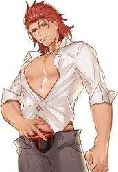 Rule 34 | 10s, 1boy, bad id, bad twitter id, clenched hand, granblue fantasy, hair slicked back, highres, long sleeves, male focus, navel, nipples, pectoral cleavage, pectorals, percival (granblue fantasy), pubic hair, red eyes, red hair, shirt, solo, sweat, white background, white shirt, yusa (usa kotobuki)