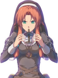 Rule 34 | 1girl, antenna hair, belt pouch, brown hair, bubble tea, bubble tea challenge, chiharu (9654784), drinking, drinking straw, drinking straw in mouth, eiyuu densetsu, green eyes, highres, jewelry, medallion, necklace, nun, pouch, ries argent, simple background, solo, sora no kiseki, traditional nun, twintails, white background