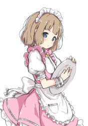 Rule 34 | 1girl, apron, blue eyes, blunt bangs, blush, breasts, butterfly ornament, character name, cowboy shot, dot mouth, dot nose, double-parted bangs, dress, eyelashes, frilled apron, frilled skirt, frills, holding, holding plate, idolmaster, idolmaster million live!, idolmaster million live! theater days, kuresuku (lessons), looking at viewer, maid headdress, medium hair, official alternate costume, pink dress, plate, pretty waitress (idolmaster), puffy short sleeves, puffy sleeves, shirt, short sleeves, sidelocks, simple background, skirt, small breasts, solo, standing, suou momoko, v-shaped eyebrows, waist apron, waist ribbon, waitress, white apron, white background, white shirt, wrist cuffs