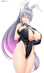 Rule 34 | 1girl, adapted costume, animal ears, bare arms, bare shoulders, bespectacled, between breasts, black leotard, black vest, blush, bow, breasts, collarbone, collared vest, covered navel, crop top, crop top overhang, cropped vest, curvy, fake animal ears, fingernails, floating hair, glasses, gradient hair, hair between eyes, hair bow, hair ornament, hairband, hairclip, half-closed eyes, hand on own chest, hand up, head tilt, high ponytail, highres, higuchi kaede, hip focus, huge breasts, legs together, leotard, long hair, looking at viewer, mole, mole under eye, multicolored hair, necktie, nijisanji, open clothes, open mouth, open vest, pink hair, plaid necktie, plaid neckwear, playboy bunny, ponytail, purple-framed eyewear, purple eyes, purple necktie, rabbit ears, saizu nitou gunsou, semi-rimless eyewear, shiny clothes, shiny skin, sidelocks, silver hair, simple background, solo, standing, straight hair, strapless, strapless leotard, thighs, twitter username, very long hair, vest, virtual youtuber, white background, white bow, white hairband, wing collar, wrist cuffs, zipper, zipper pull tab