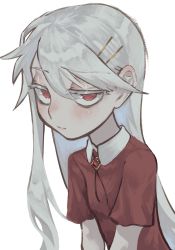 Rule 34 | 1girl, banasura, blush, bolo tie, brooch, closed mouth, collared shirt, commentary, expressionless, flat chest, grey background, grey hair, hair between eyes, hair ornament, hairclip, highres, jewelry, jitome, leaning forward, long hair, looking at viewer, original, pale skin, red eyes, red shirt, romaji commentary, sanpaku, shirt, short hair, simple background, solo, swept bangs, upper body, very long hair, wing collar