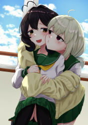 2girls :3 absurdres ahoge araga_kiwi black_hair black_panties black_thighhighs blush brown_eyes cardigan cheek-to-cheek green_cardigan green_sailor_collar green_serafuku green_skirt grey_hair heads_together highres hiiragi_utena hug long_sleeves looking_at_another mahou_shoujo_ni_akogarete medium_hair multiple_girls open_mouth panties pantyhose pleated_skirt red_eyes sailor_collar school_uniform serafuku sitting skirt standing thighhighs underwear ura_a very_long_sleeves yuri