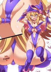 Rule 34 | 1girl, adapted costume, arms up, ass, ass tattoo, bare shoulders, between legs, blonde hair, blue eyes, blush, blush stickers, bracer, breasts, cameltoe, capelet, center opening, cleavage, cleft of venus, close-up, collarbone, commentary request, covered navel, crotch rub, curvy, dark magician girl, embarrassed, english text, fang, female focus, fingernails, gem, groin, hair between eyes, hand on own head, hat, heart, high heels, highleg, highleg leotard, highres, holding, holding wand, huge ass, konno tohiro, large breasts, leg up, legs together, leotard, long hair, looking at viewer, magical girl, moaning, multiple views, open mouth, partially visible vulva, pentacle, pink capelet, purple footwear, purple hat, purple heels, purple leotard, purple thighhighs, shiny skin, sidelocks, simple background, skirt, squatting, standing, standing on one leg, thick thighs, thighhighs, thighs, very long hair, wand, white background, wide hips, wizard hat, yu-gi-oh!, yu-gi-oh! duel monsters