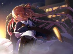 Rule 34 | 1girl, action, behind cover, bit (keikou syrup), blazer, blue jacket, bolt action, breasts, brown footwear, brown hair, building, dress, dust, fire, floating hair, girls&#039; frontline, gloves, green eyes, gun, hair between eyes, hair ribbon, hair rings, highres, holding, holding gun, holding weapon, jacket, large breasts, long hair, looking afar, m1903 springfield, night, open mouth, reloading, ribbon, rifle, sash, shell casing, sidelocks, smoke, solo, springfield (girls&#039; frontline), twintails, weapon, white dress, wind, wind lift