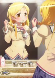 Rule 34 | 10s, 1girl, :3, alternate hairstyle, bathroom, blonde hair, blush, bun150, cameo, curling iron, hair down, hairdressing, highres, kyubey, long hair, mahou shoujo madoka magica, mahou shoujo madoka magica (anime), mirror, mouth hold, official style, reflection, school uniform, shirt, sink, smile, solo, taut clothes, taut shirt, tomoe mami, when you see it, yellow eyes