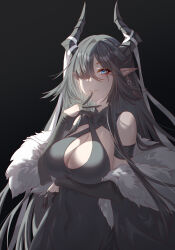 Rule 34 | 1girl, absurdres, arknights, armband, bare shoulders, black background, black dress, black hair, blue eyes, breasts, character request, cleavage, commentary request, dress, fur trim, hair over one eye, highres, horns, innoarukugyou, large breasts, off shoulder, pointy ears, simple background, sleeveless, sleeveless dress, solo, upper body