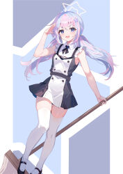 Rule 34 | 1girl, :d, ahoge, alternate costume, black footwear, blue archive, commentary request, full body, hair between eyes, hair bobbles, hair ornament, halo, highres, holding, holding mop, long hair, looking at viewer, low twintails, maid, mary janes, mop, multicolored hair, open mouth, purple eyes, purple hair, reisa (blue archive), rorokaede, salute, shoes, sidelocks, simple background, sleeveless, smile, solo, standing, star (symbol), star hair ornament, thighhighs, twintails, two-tone hair, white thighhighs
