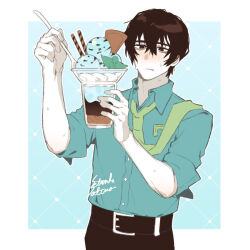 Rule 34 | 1boy, belt, black belt, black eyes, black hair, black pants, blue shirt, closed mouth, collared shirt, food, green necktie, ice cream, ice cream spoon, limbus company, long sleeves, mint, mint chocolate, necktie, pants, parfait, project moon, satome setsuko, shirt, sleeves rolled up, solo, spoon, sweat, tongue, tongue out, upper body, wafer stick, whipped cream, yi sang (project moon)