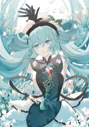 Rule 34 | 1girl, air bubble, arms up, black gloves, blue eyes, blue hair, bubble, bug, butterfly, commentary, corsage, cowboy shot, dress, earrings, floating hair, gloves, hair between eyes, half gloves, hatsune miku, head tilt, high collar, highres, insect, jewelry, long bangs, long dress, long hair, long sleeves, looking at viewer, raised eyebrows, sidelocks, solo, straight-on, sunfish3939, tassel, twintails, very long hair, vocaloid, white dress