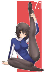 Rule 34 | 1girl, arm support, ass, black hair, black pantyhose, blush, breasts, brown eyes, crotch, feet, girls und panzer, large breasts, leg up, leotard, looking at viewer, nishizumi maho, open mouth, pantyhose, short hair, soles, solo, spread legs, uona telepin