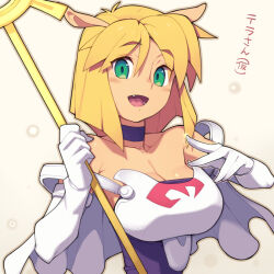 Rule 34 | 1girl, black choker, blonde hair, breasts, brown background, capelet, choker, cleavage, commentary request, fang, gloves, gradient background, green eyes, holding, holding staff, large breasts, looking at viewer, metata, open mouth, rpg maker, short hair, solo, staff, translation request, upper body, white capelet, white gloves